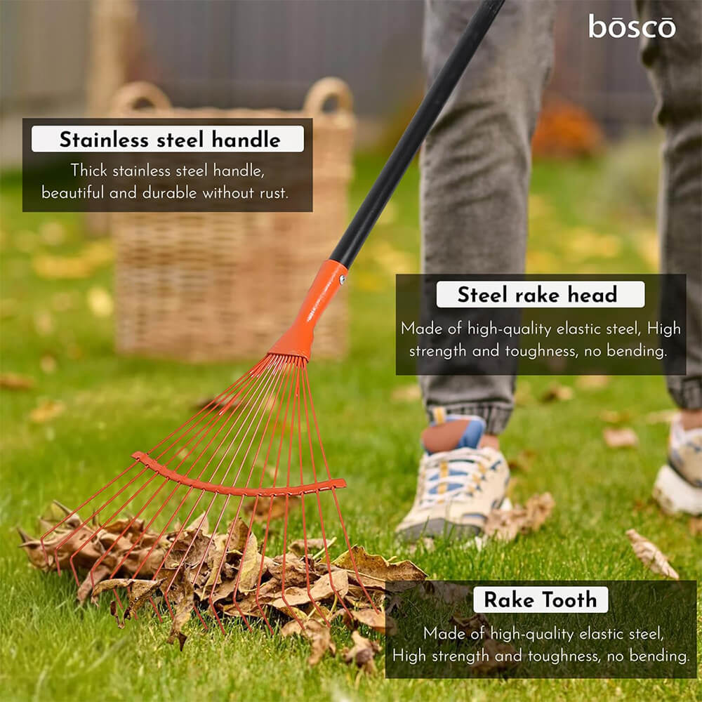 Heavy-Duty Garden Rake with Steel Teeth – 60 Inch Fixed Handle Non-Telescopic Leaf Rake for Lawn, Yard & Garden Cleanup – Durable Metal Construction, Rust-Resistant. Visit the BOSCO Store