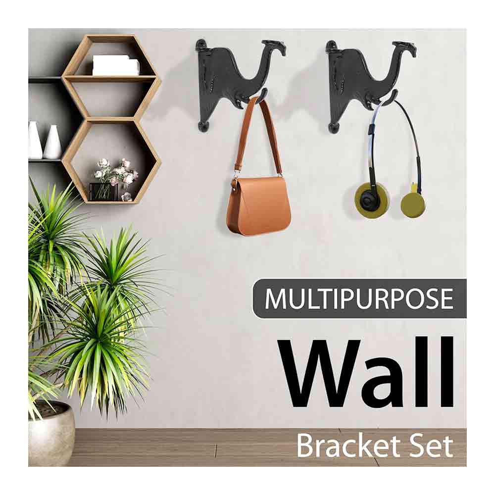 Designer Elephant Metal Wall Bracket Set of 2 – 4.5 x 5.5 Inch Iron Multipurpose L Brackets with Fittings – Black Wall Hooks for Hanging Pots, Shelves, Keys, Coats, Decor – Indoor