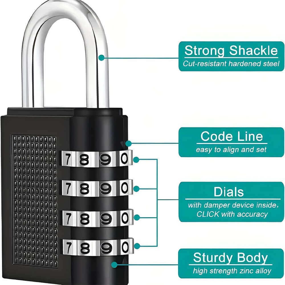 4-Digit Combination Number Lock – Anti-Theft Metal Padlock for Travel Bags, Luggage, Tool Boxes, Gym Lockers, School Lockers, Doors & Cabinets – Resettable PIN Lock, Multicolour, Set of 1