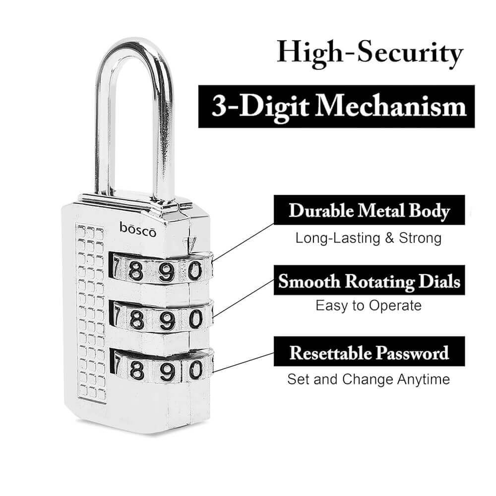 3-Digit Combination Lock – Portable Anti-Theft Zinc Alloy Padlock with Resettable PIN for Backpacks, Luggage, Toolboxes, Briefcases, Zippers & Travel Security (Silver, Set of 1)