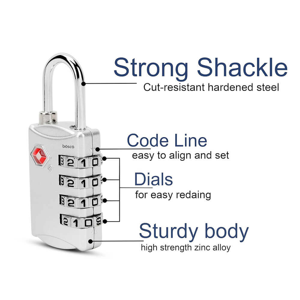 Set of 2 TSA Approved 4-Digit Metal Combination Locks for Travel | Heavy-Duty Silver Luggage Locks for Suitcases, Backpacks, Gym Bags & Lockers | Easy Reset Password Padlocks