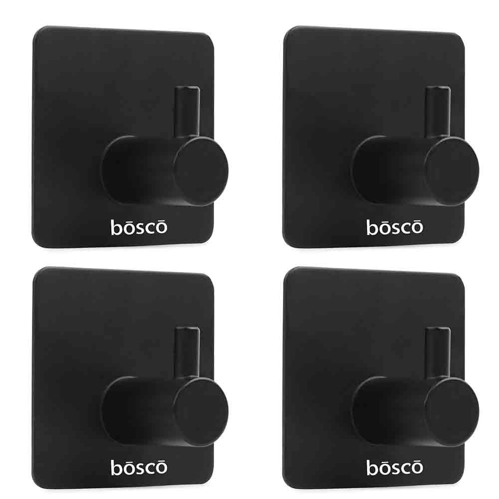 Pack of 4 Steel Self Adhesive Hooks for Wall | Heavy Duty Strong Sticker Hooks for Bathroom, Kitchen, Bedroom & Door | No Drill Wall Hooks – Holds Up to 3 kg – Black Finish