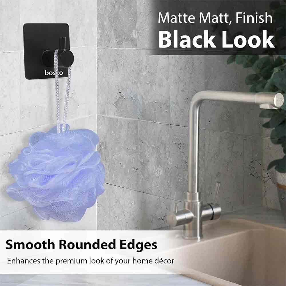 Pack of 4 Steel Self Adhesive Hooks for Wall | Heavy Duty Strong Sticker Hooks for Bathroom, Kitchen, Bedroom & Door | No Drill Wall Hooks – Holds Up to 3 kg – Black Finish