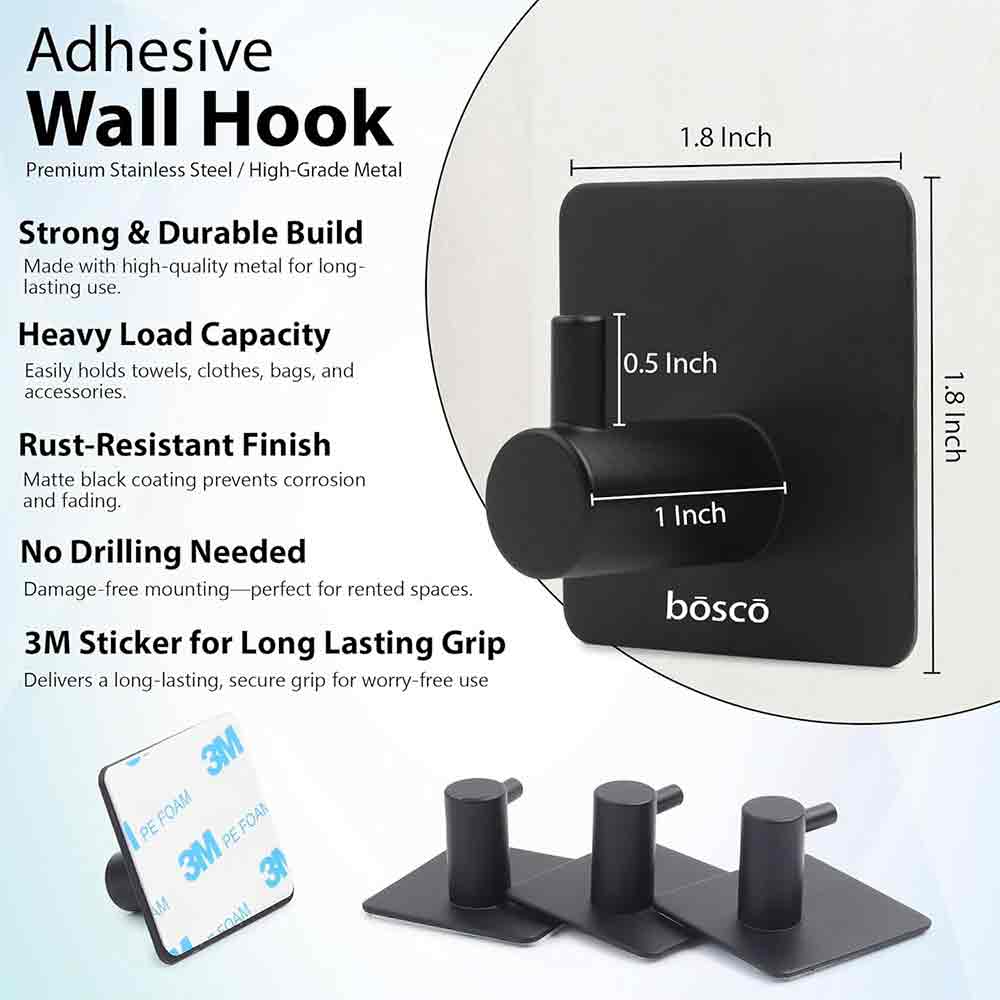 Pack of 4 Steel Self Adhesive Hooks for Wall | Heavy Duty Strong Sticker Hooks for Bathroom, Kitchen, Bedroom & Door | No Drill Wall Hooks – Holds Up to 3 kg – Black Finish