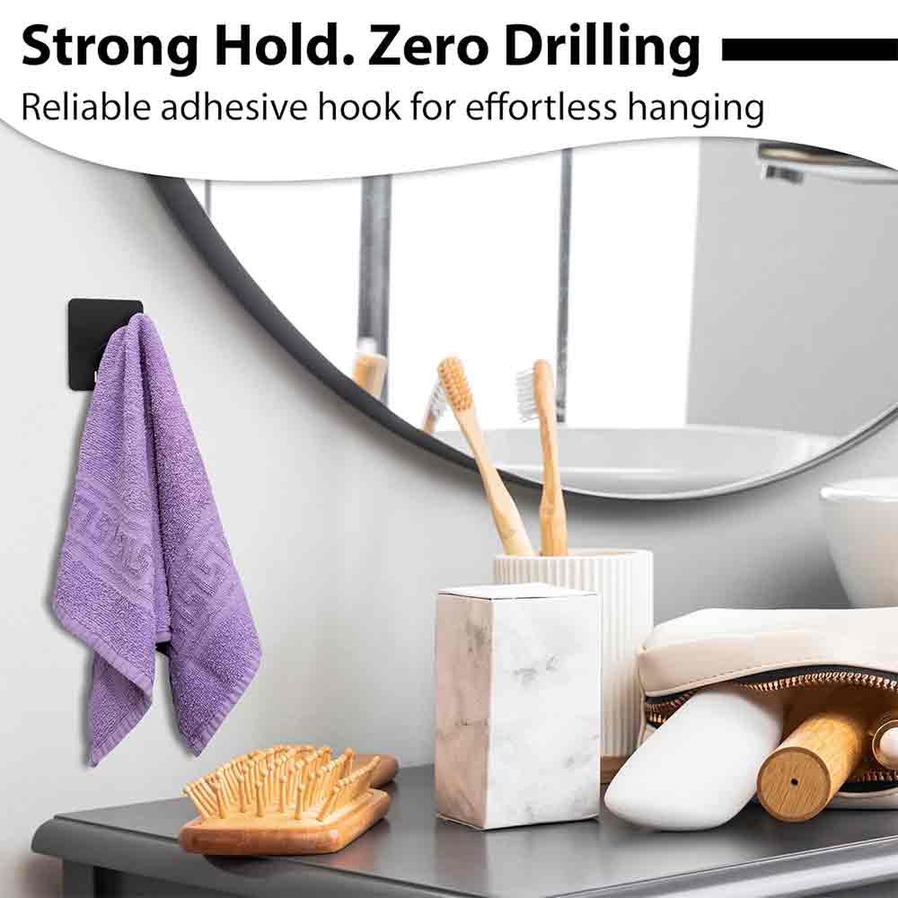 Pack of 4 Steel Self Adhesive Hooks for Wall | Heavy Duty Strong Sticker Hooks for Bathroom, Kitchen, Bedroom & Door | No Drill Wall Hooks – Holds Up to 3 kg – Black Finish
