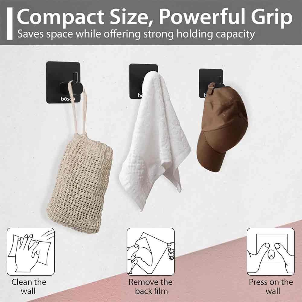 Pack of 4 Steel Self Adhesive Hooks for Wall | Heavy Duty Strong Sticker Hooks for Bathroom, Kitchen, Bedroom & Door | No Drill Wall Hooks – Holds Up to 3 kg – Black Finish