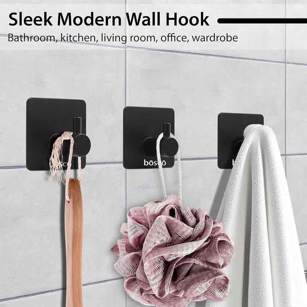 Pack of 4 Steel Self Adhesive Hooks for Wall | Heavy Duty Strong Sticker Hooks for Bathroom, Kitchen, Bedroom & Door | No Drill Wall Hooks – Holds Up to 3 kg – Black Finish