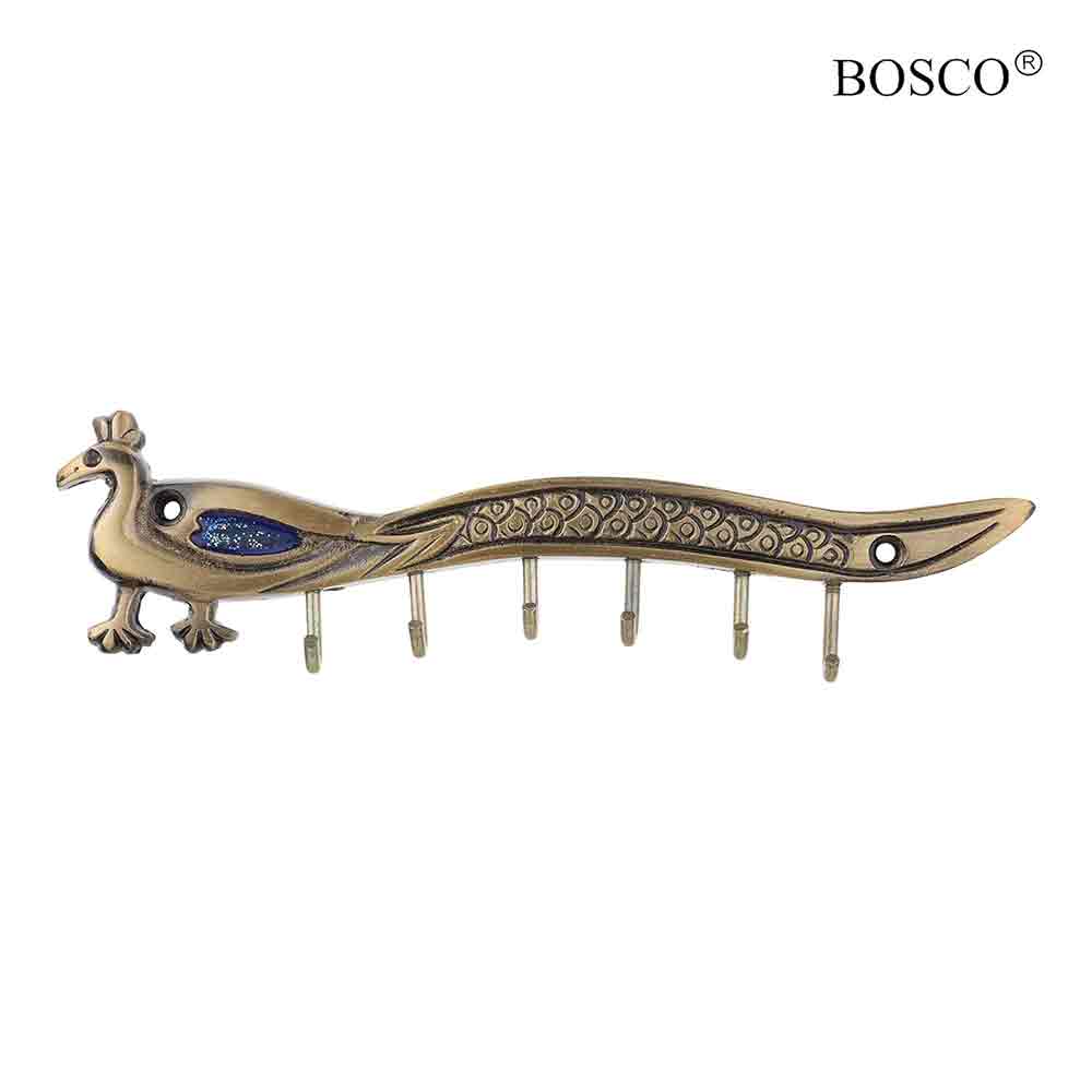 Peacock Key Holder with Antique Brass Finish – Decorative Lord Krishna Flute & Peacock Quills Design Wall-Mounted Key Rack | 5 Hooks for Organized Key Storage | 7.5 Inches