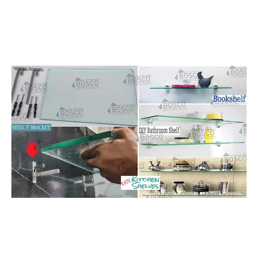 Adjustable Stainless Steel F Type Glass Shelf Bracket Square| Customize Your Space with Adjustable Stainless Steel F Type Glass Shelf Bracket Square- 6 Inches- Pack of 6 (10mm)