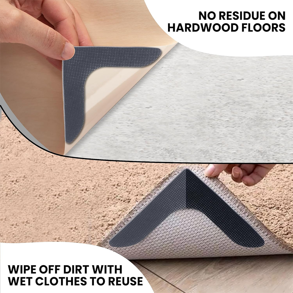 Gripper Stopper Rug Pads – Pack of 4 Multicolor Washable Silicone Anti-Skid Carpet Pads for Corners – Strong Suction Rug Holder for Mats & Carpets-and Home, Office & Bathroom – 6"x4" Triangle