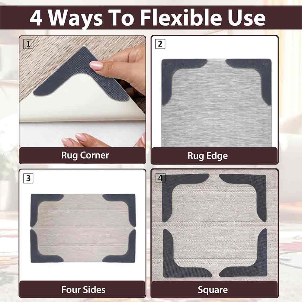 Gripper Stopper Rug Pads – Pack of 4 Multicolor Washable Silicone Anti-Skid Carpet Pads for Corners – Strong Suction Rug Holder for Mats & Carpets-and Home, Office & Bathroom – 6"x4" Triangle