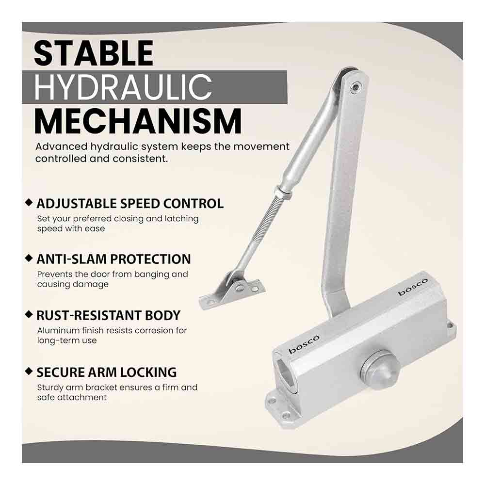 Heavy Duty Aluminium Automatic Hydraulic Double Speed Door Closer | Soft Closing Door Closer for Home and Office |Suitable for Wooden & Aluminium Doors Up to 45 kg colour - (Silver Finish)