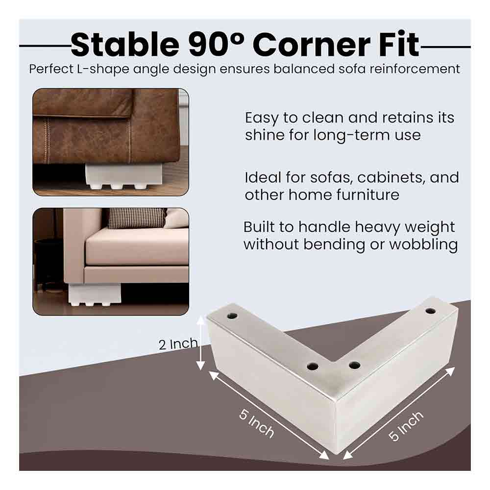 Hardware Matte Finish Steel L-Shape Sofa Leg | Heavy Steel Furniture Leg Set of 4 | 5-Inch Length, 2-Inch Height | Modern Replacement Legs for Sofa, Chairs, Cabinets & Furniture (Matte Finish)