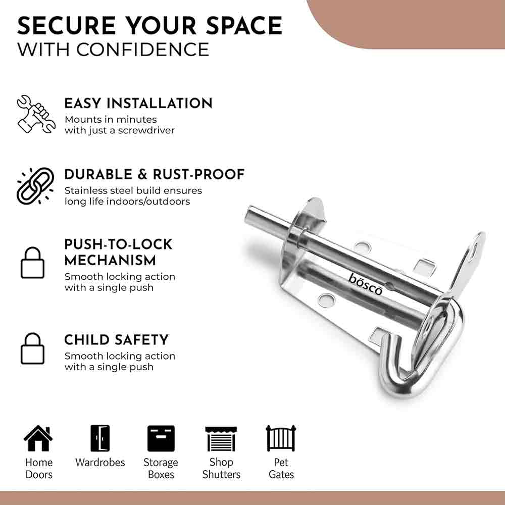 Locking Bolt Set of 2 | Heavy Duty Tower Bolt Latch Lock for Door, Window, Bathroom, Kitchen, Home & Office | MS Chrome Finish | Easy to Install | Premium Door Fittings