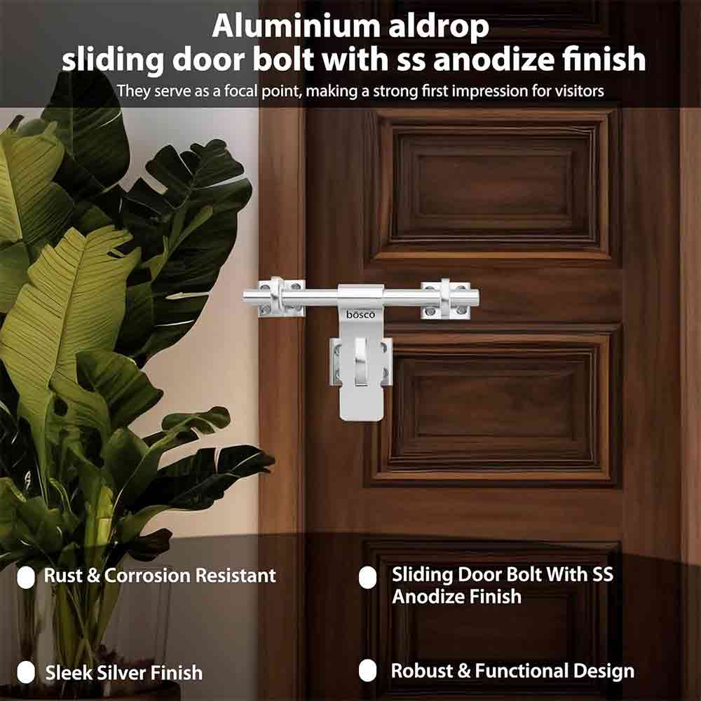 Aluminium Aldrop for Door/Door Fittings Kit/Door Accessories/Door Kit (8 Inch, 16 mm Rod Dia, Finish :SS Anodize) for Wooden,PVC, Aluminium Doors Set of 1 pcs)