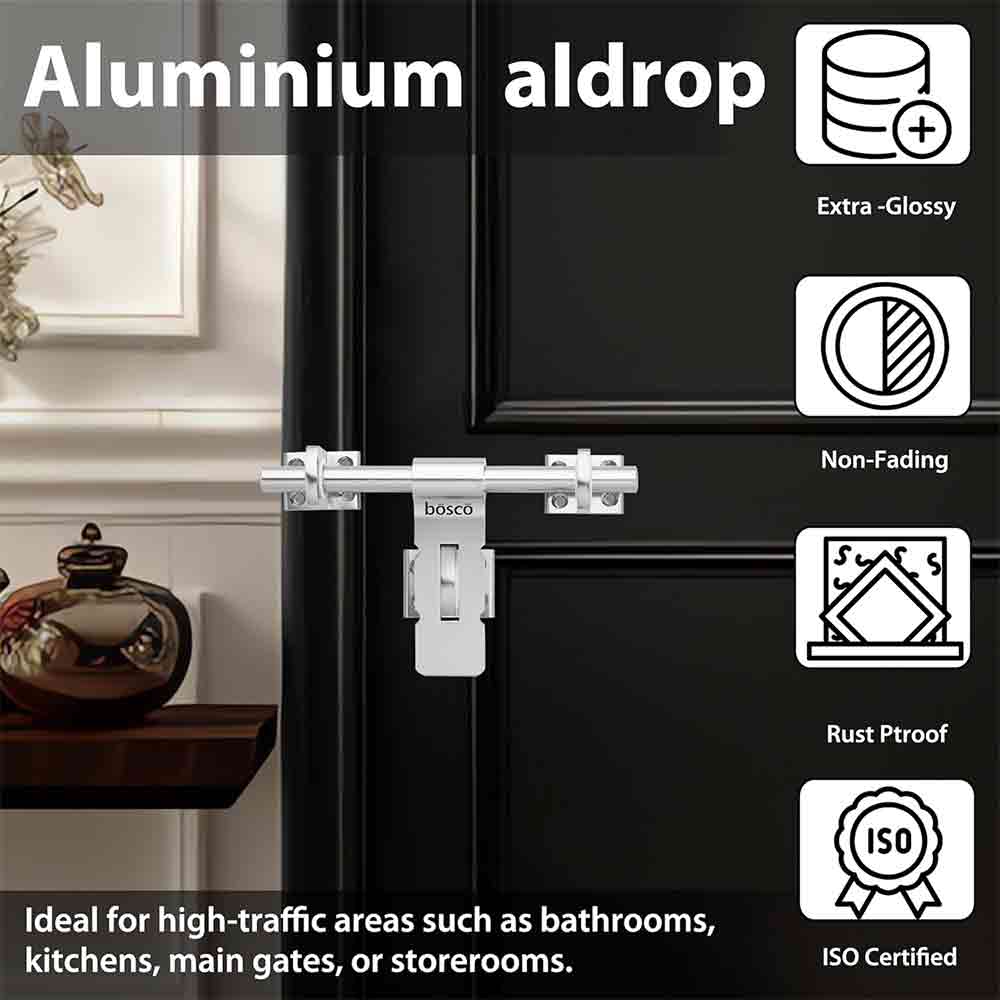 Aluminium Aldrop for Door/Door Fittings Kit/Door Accessories/Door Kit (8 Inch, 16 mm Rod Dia, Finish :SS Anodize) for Wooden,PVC, Aluminium Doors Set of 1 pcs)