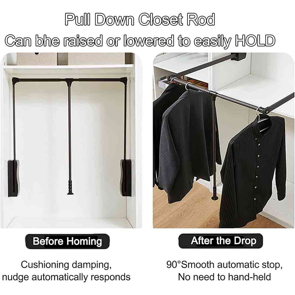 Soft Close Pull Down Closet Rods, Adjustable Wardrobe Rail Lift Collapsible Closet Rod Aluminium Retractable Wardrobe Hanger Clothing Rail Closet Lift Organizer Storage Lift for Wardrobe Bedroom