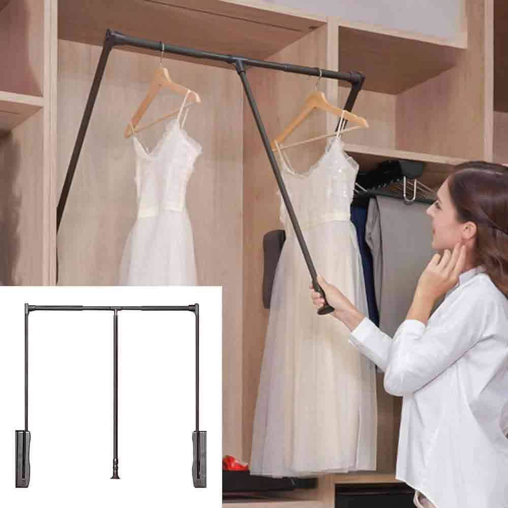 Soft Close Pull Down Closet Rods, Adjustable Wardrobe Rail Lift Collapsible Closet Rod Aluminium Retractable Wardrobe Hanger Clothing Rail Closet Lift Organizer Storage Lift for Wardrobe Bedroom