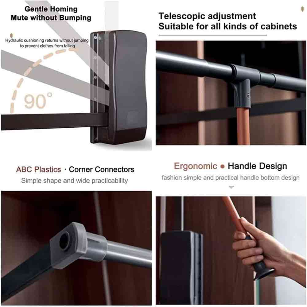Soft Close Pull Down Closet Rods, Adjustable Wardrobe Rail Lift Collapsible Closet Rod Aluminium Retractable Wardrobe Hanger Clothing Rail Closet Lift Organizer Storage Lift for Wardrobe Bedroom