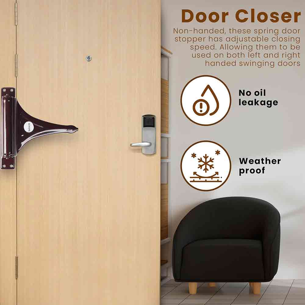 Heavy Duty Iron Spring Door Closer – Adjustable Surface-Mounted Mini Door Closer for Home, Office & Automotive Use – Rustproof Iron with Brown Finish – Easy Installation – Dual Handed Use