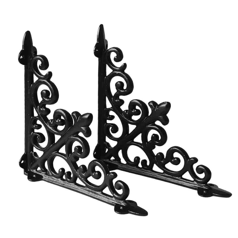 Designer Multipurpose Shelf Bracket Set of 2 – 8 x 8 Inch (20x20 cm) Heavy Duty Wrought Iron Wall Brackets with Fittings – Black Wall Angle Shelf Support for Home, Garage, Garden, Office