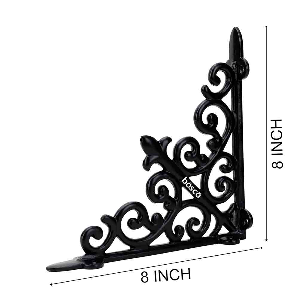 Designer Multipurpose Shelf Bracket Set of 2 – 8 x 8 Inch (20x20 cm) Heavy Duty Wrought Iron Wall Brackets with Fittings – Black Wall Angle Shelf Support for Home, Garage, Garden, Office