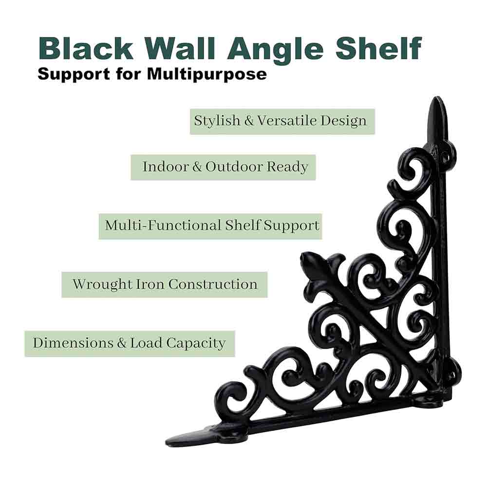 Designer Multipurpose Shelf Bracket Set of 2 – 8 x 8 Inch (20x20 cm) Heavy Duty Wrought Iron Wall Brackets with Fittings – Black Wall Angle Shelf Support for Home, Garage, Garden, Office