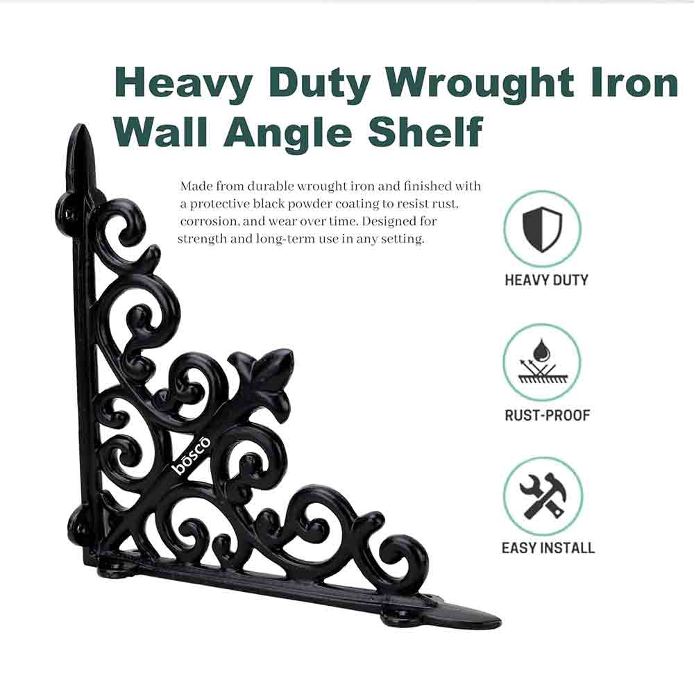 Designer Multipurpose Shelf Bracket Set of 2 – 8 x 8 Inch (20x20 cm) Heavy Duty Wrought Iron Wall Brackets with Fittings – Black Wall Angle Shelf Support for Home, Garage, Garden, Office