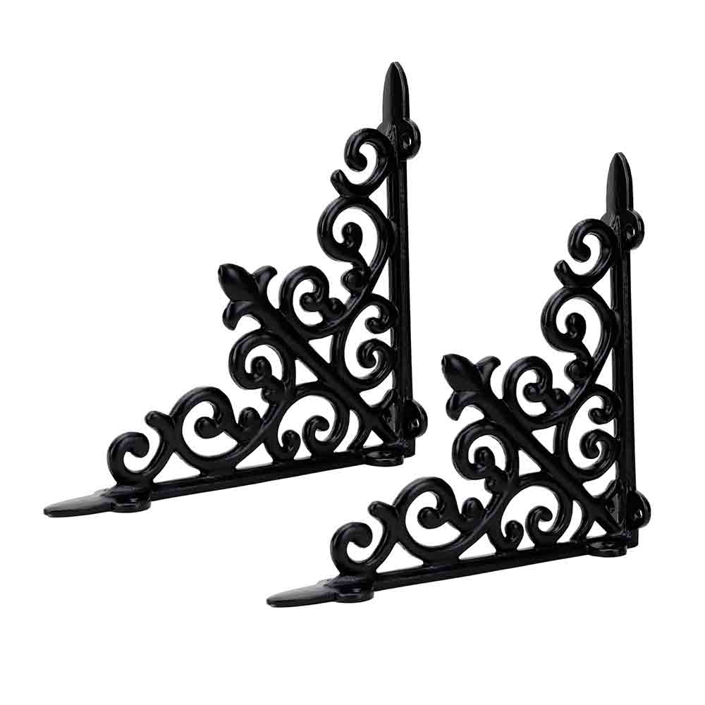 Designer Multipurpose Shelf Bracket Set of 2 – 8 x 8 Inch (20x20 cm) Heavy Duty Wrought Iron Wall Brackets with Fittings – Black Wall Angle Shelf Support for Home, Garage, Garden, Office