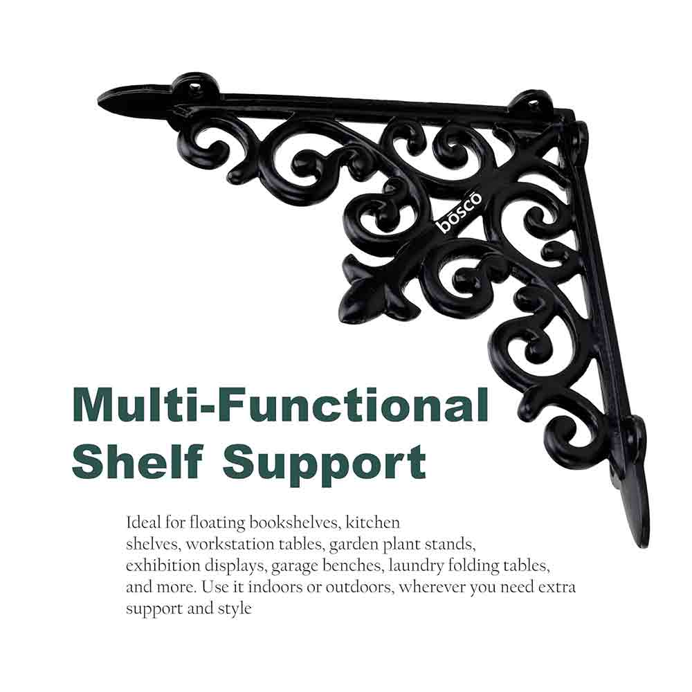 Designer Multipurpose Shelf Bracket Set of 2 – 8 x 8 Inch (20x20 cm) Heavy Duty Wrought Iron Wall Brackets with Fittings – Black Wall Angle Shelf Support for Home, Garage, Garden, Office