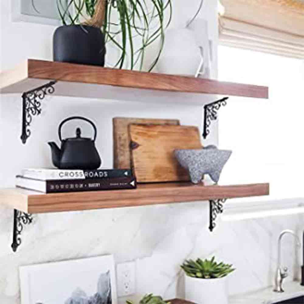 Designer Multipurpose Shelf Bracket Set of 2 – 8 x 8 Inch (20x20 cm) Heavy Duty Wrought Iron Wall Brackets with Fittings – Black Wall Angle Shelf Support for Home, Garage, Garden, Office
