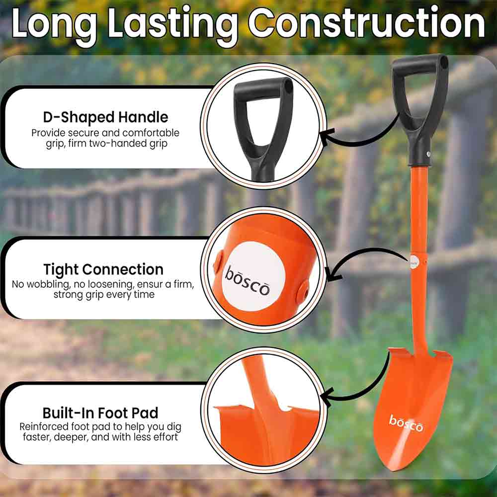 Small Multi-Purpose Shovel with D-Handle | Heavy-Duty Rust-Resistant Steel Blade | Compact & Durable Gardening, Outdoor, Camping, Construction, and Emergency Shovel Tool – Orange