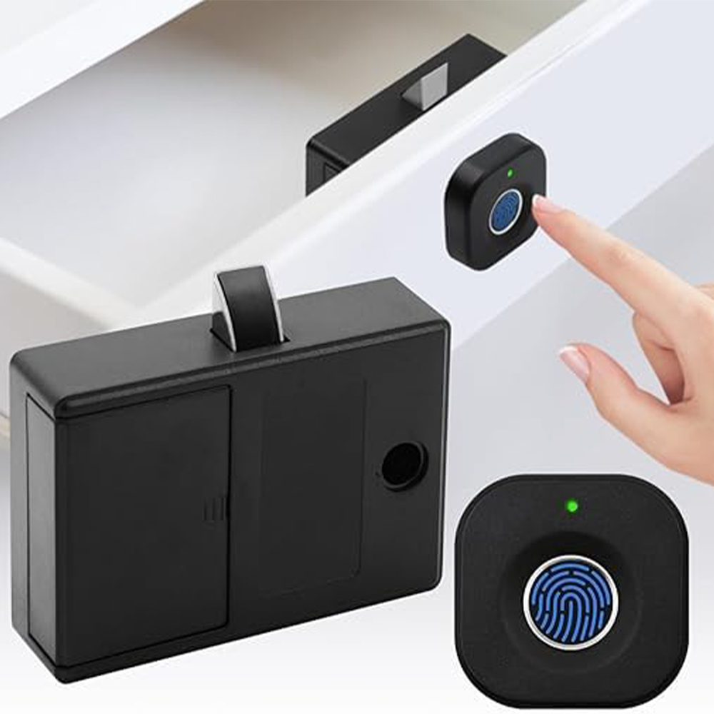 Smart Biometric Fingerprint Cabinet Lock Digital Keyless Motorized Drawer Lock System with Plastic Body, 20 Fingerprint Capacity, Unique E-Key Access – Ideal for Home, Office, Wardrobe – Black
