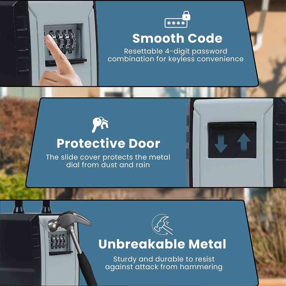 Portable Combination Lock Box – Heavy-Duty Wall-Mounted Key Storage Safe with Resettable 4-Digit Code, Removable Shackle & Large Capacity for Home, Office, and Outdoor Use (Gray, 1 Pack)