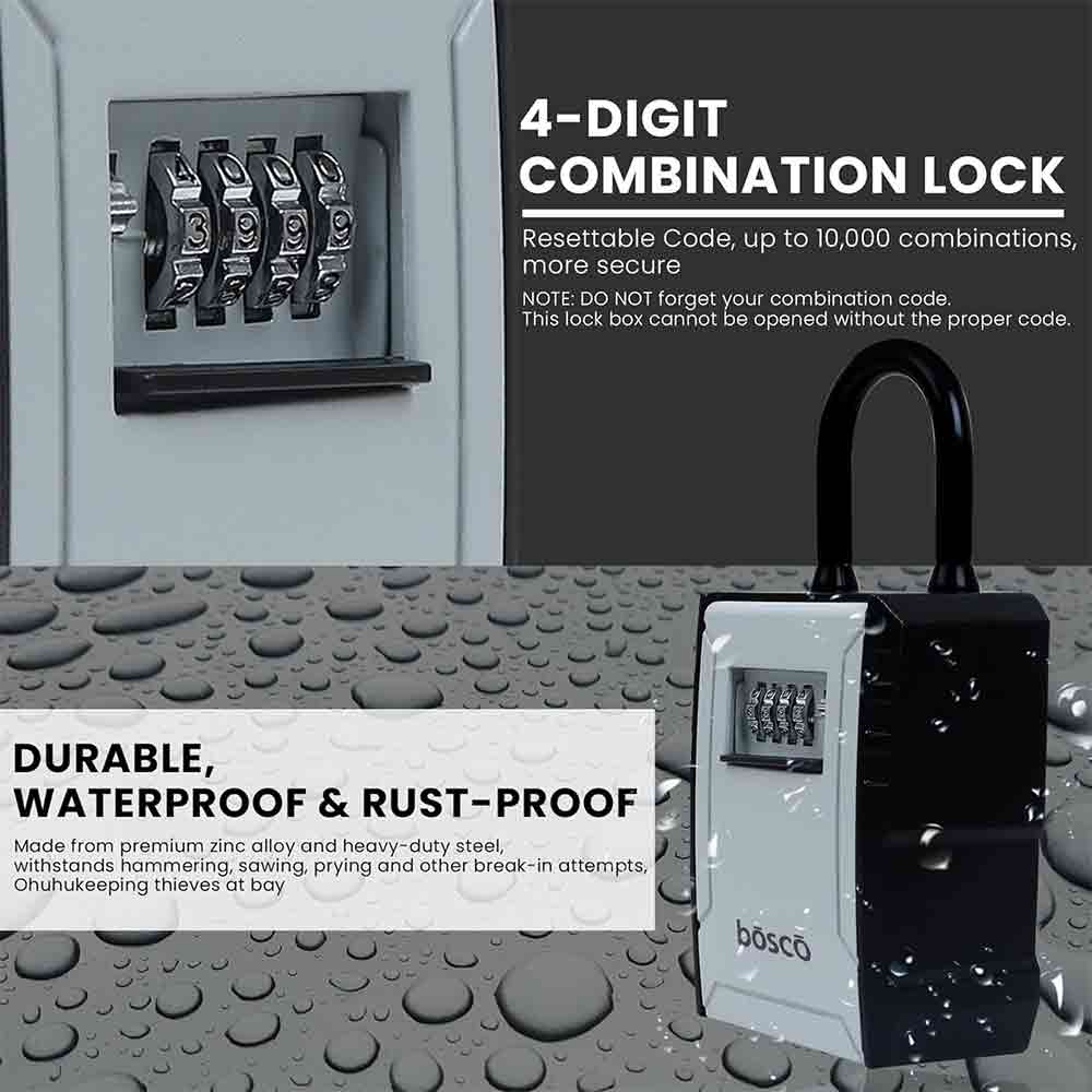 Portable Combination Lock Box – Heavy-Duty Wall-Mounted Key Storage Safe with Resettable 4-Digit Code, Removable Shackle & Large Capacity for Home, Office, and Outdoor Use (Gray, 1 Pack)