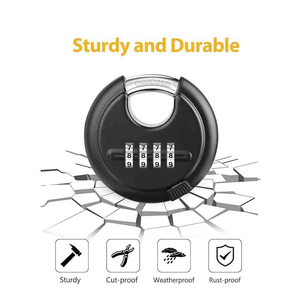70mm Combination Disc Padlock Pack of 2 – Heavy Duty Keyless Number Lock with 4-Digit Resettable Code & Stainless Steel Shackle(Black)