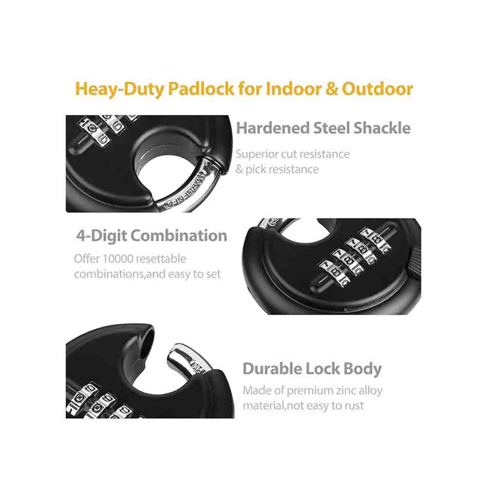 70mm Combination Disc Padlock Pack of 2 – Heavy Duty Keyless Number Lock with 4-Digit Resettable Code & Stainless Steel Shackle(Black)