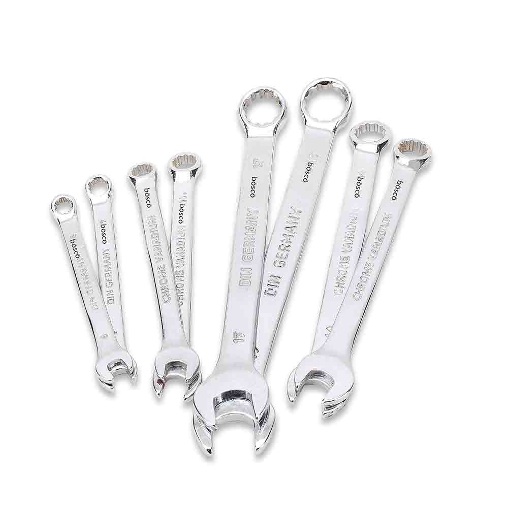 8-Piece Combination Spanner Set | Carbon Steel Wrenches | Open & Ring End Design | Chrome-Plated Rust-Resistant Tools for Home Maintenance & DIY Repair Use (Silver)