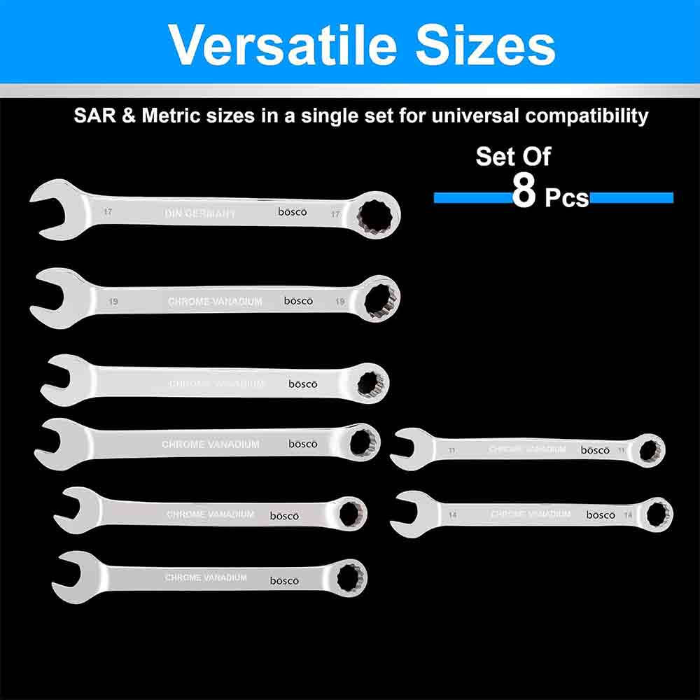 8-Piece Combination Spanner Set | Carbon Steel Wrenches | Open & Ring End Design | Chrome-Plated Rust-Resistant Tools for Home Maintenance & DIY Repair Use (Silver)