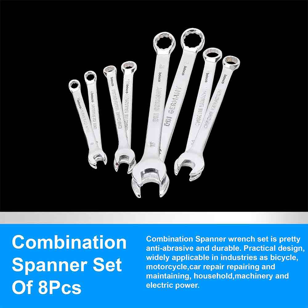 8-Piece Combination Spanner Set | Carbon Steel Wrenches | Open & Ring End Design | Chrome-Plated Rust-Resistant Tools for Home Maintenance & DIY Repair Use (Silver)