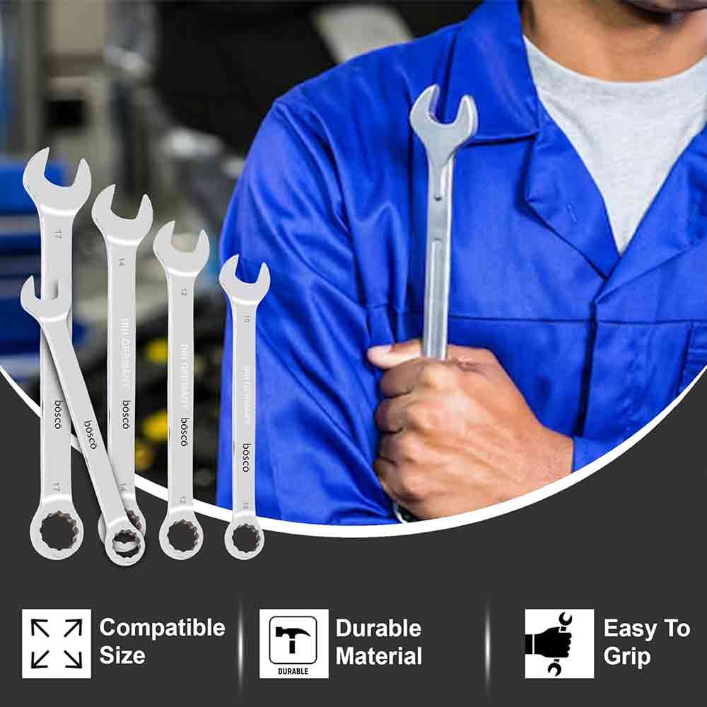 8-Piece Combination Spanner Set | Carbon Steel Wrenches | Open & Ring End Design | Chrome-Plated Rust-Resistant Tools for Home Maintenance & DIY Repair Use (Silver)
