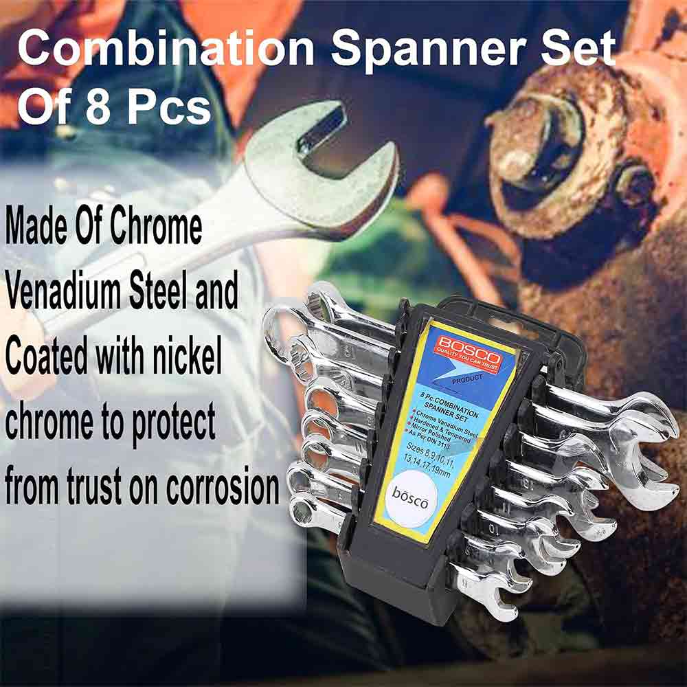 8-Piece Combination Spanner Set | Carbon Steel Wrenches | Open & Ring End Design | Chrome-Plated Rust-Resistant Tools for Home Maintenance & DIY Repair Use (Silver)