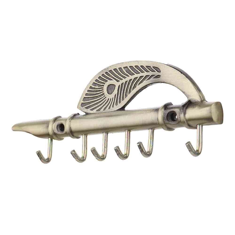 Antique Brass Finished Flute Key Holder with Peacock Feather Design | Wall Mounted Aluminium Key Stand for Home & Office | 5 Hooks | Decorative Krishna Theme | 7 Inch – Original