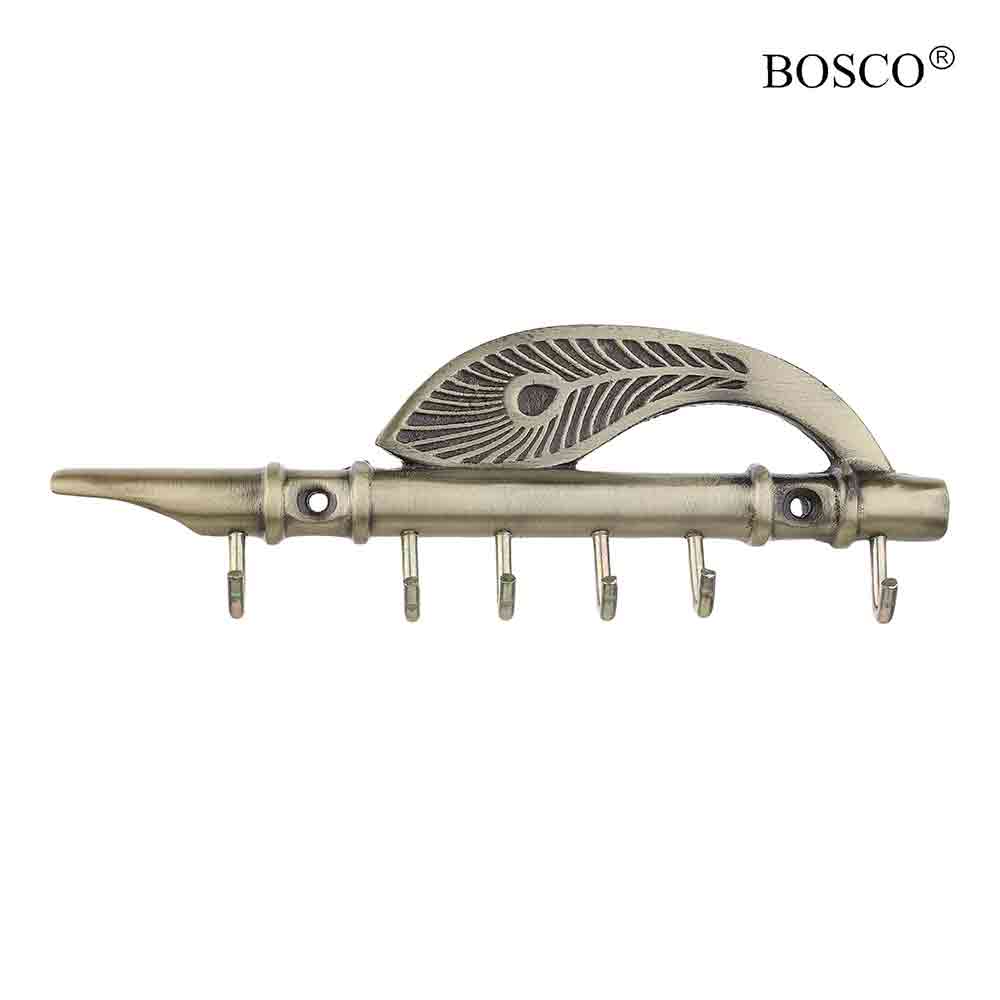 Antique Brass Finished Flute Key Holder with Peacock Feather Design | Wall Mounted Aluminium Key Stand for Home & Office | 5 Hooks | Decorative Krishna Theme | 7 Inch – Original