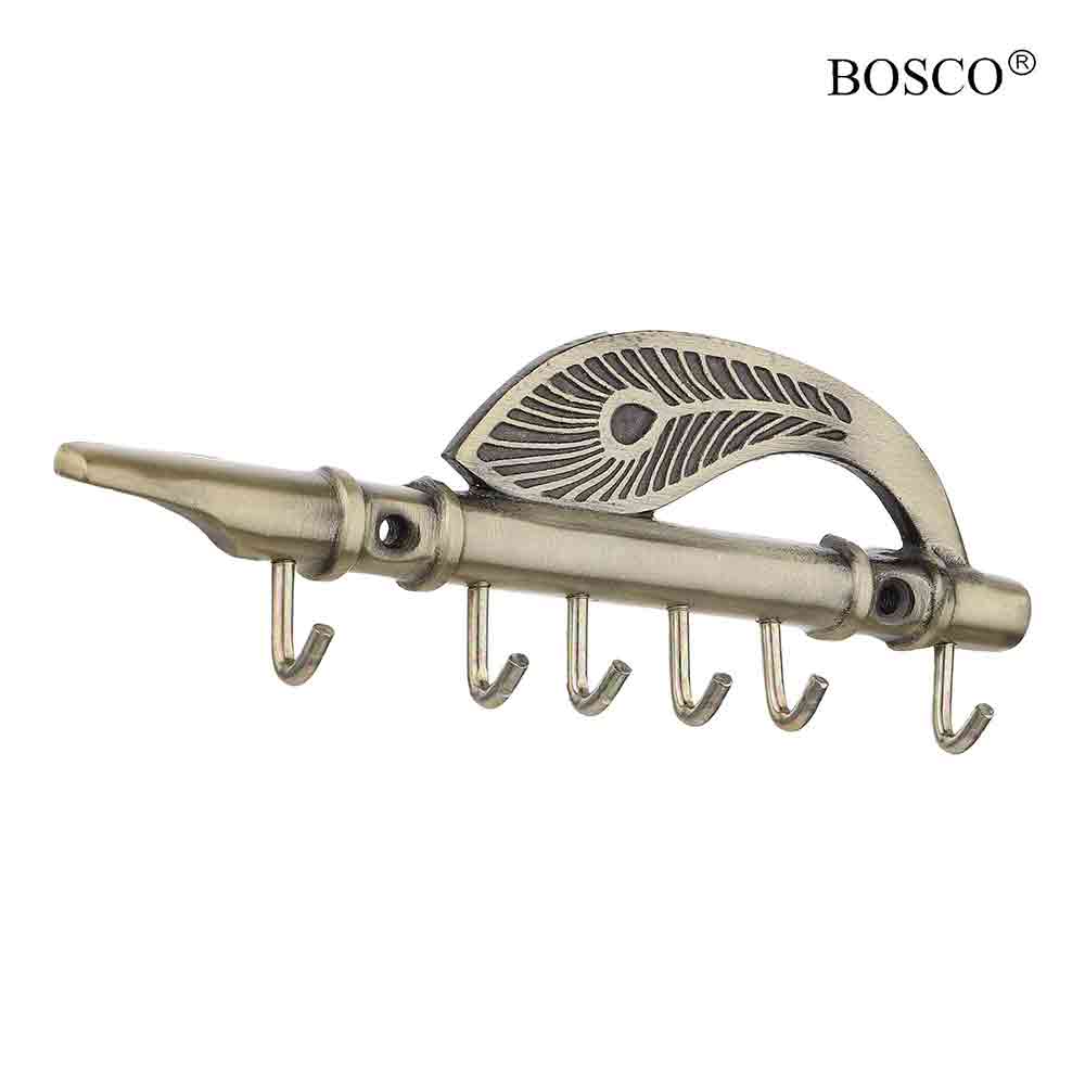 Antique Brass Finished Flute Key Holder with Peacock Feather Design | Wall Mounted Aluminium Key Stand for Home & Office | 5 Hooks | Decorative Krishna Theme | 7 Inch – Original