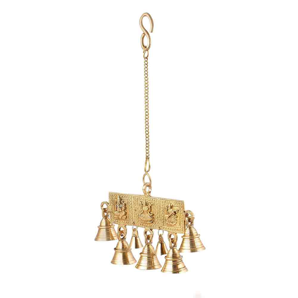 Brass Wall Hanging of Lord Ganesha, Goddess Lakshmi & Goddess Saraswati with Bells | 15 Inch Handmade Designer Brass Sculpture | Traditional Indian Wall Décor for Pooja Room, Temple, Home