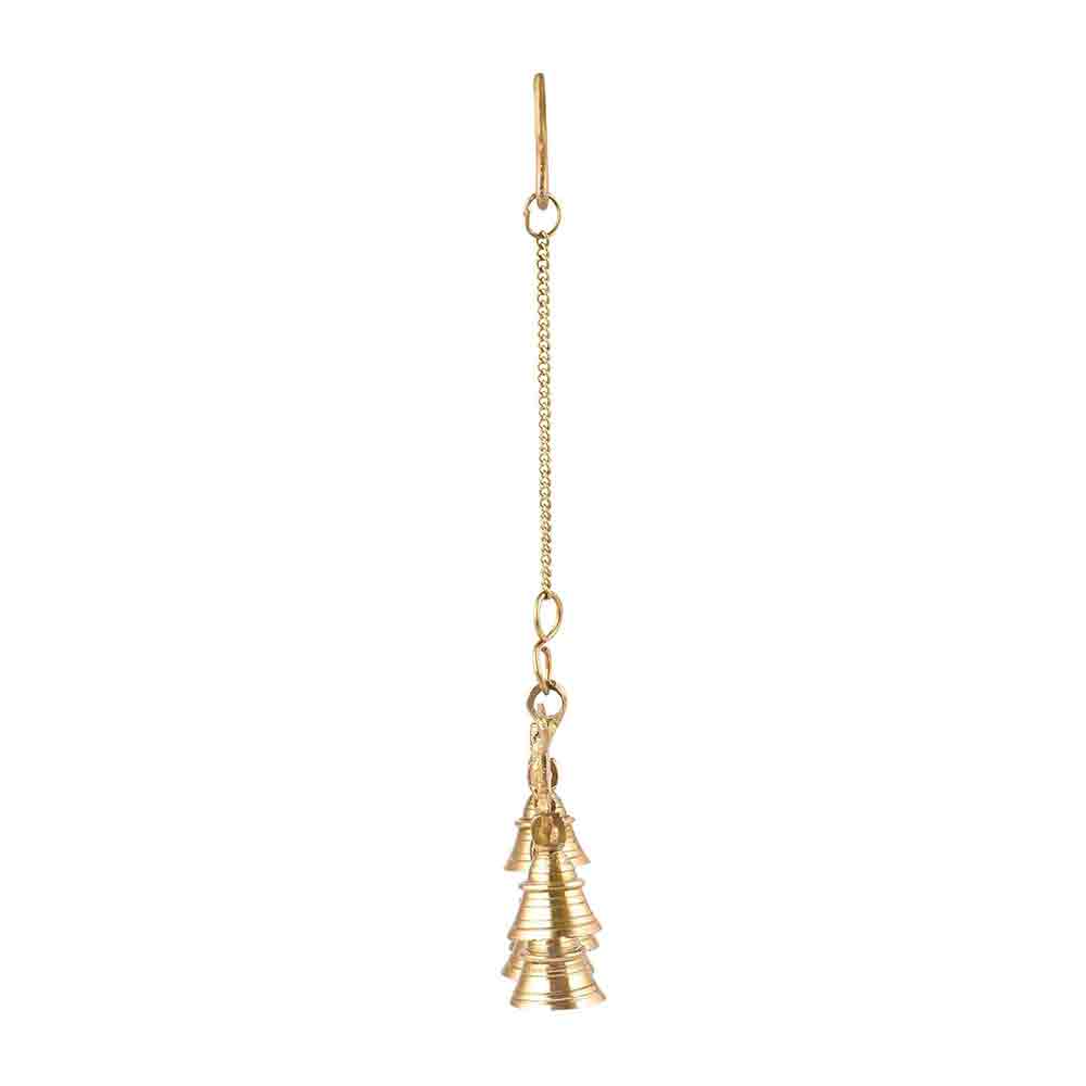 Brass Wall Hanging of Lord Ganesha, Goddess Lakshmi & Goddess Saraswati with Bells | 15 Inch Handmade Designer Brass Sculpture | Traditional Indian Wall Décor for Pooja Room, Temple, Home