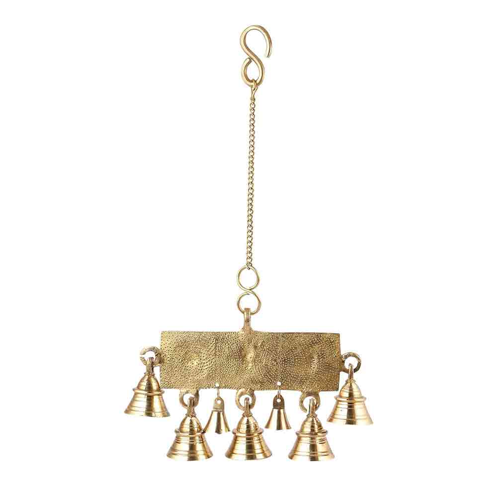 Brass Wall Hanging of Lord Ganesha, Goddess Lakshmi & Goddess Saraswati with Bells | 15 Inch Handmade Designer Brass Sculpture | Traditional Indian Wall Décor for Pooja Room, Temple, Home