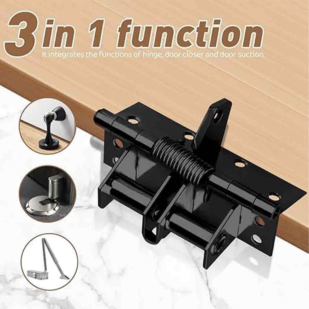Heavy Duty 3-in-1 Self-Closing Garage Door Hinge – Adjustable Spring Hinge with 90° Positioning Stop, Rust-Resistant Folding Shelf Support & Invisible Door Closer (Black, Iron)