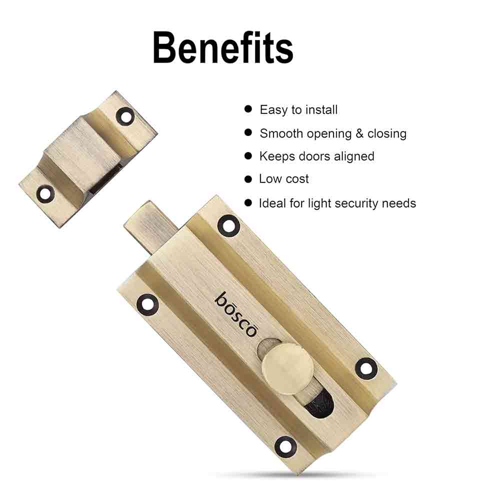 Heavy-Duty Stainless Steel Door Security Latch Lock – 4 Inch Tower Bolt with Smooth Golden Finish for Bathroom, Kitchen, Bedroom, Balcony & Office – Rustproof, Durable, Easy to Install – 1 Pc